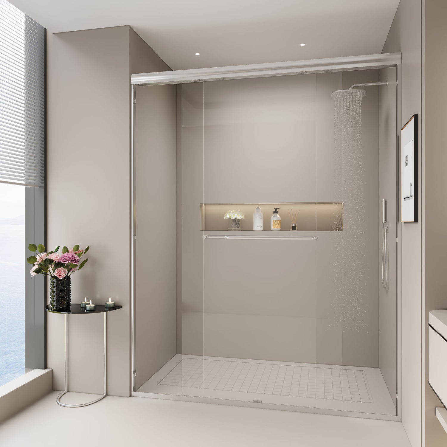 Double Sliding Shower Door, Semi-Frameless Bypass Bathroom Sliding Door With 1/4&quot; (6 Mm) Tempered Glass For Walk-In Shower
