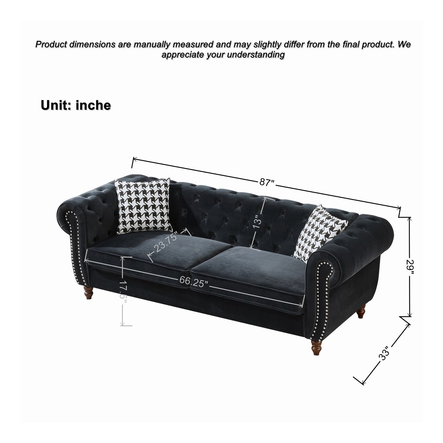 Chesterfield Upholstery Fabric Sofa With Roll Armrest &amp; Nailhead, Mid Century Modern 3 And 3 Seater Couch