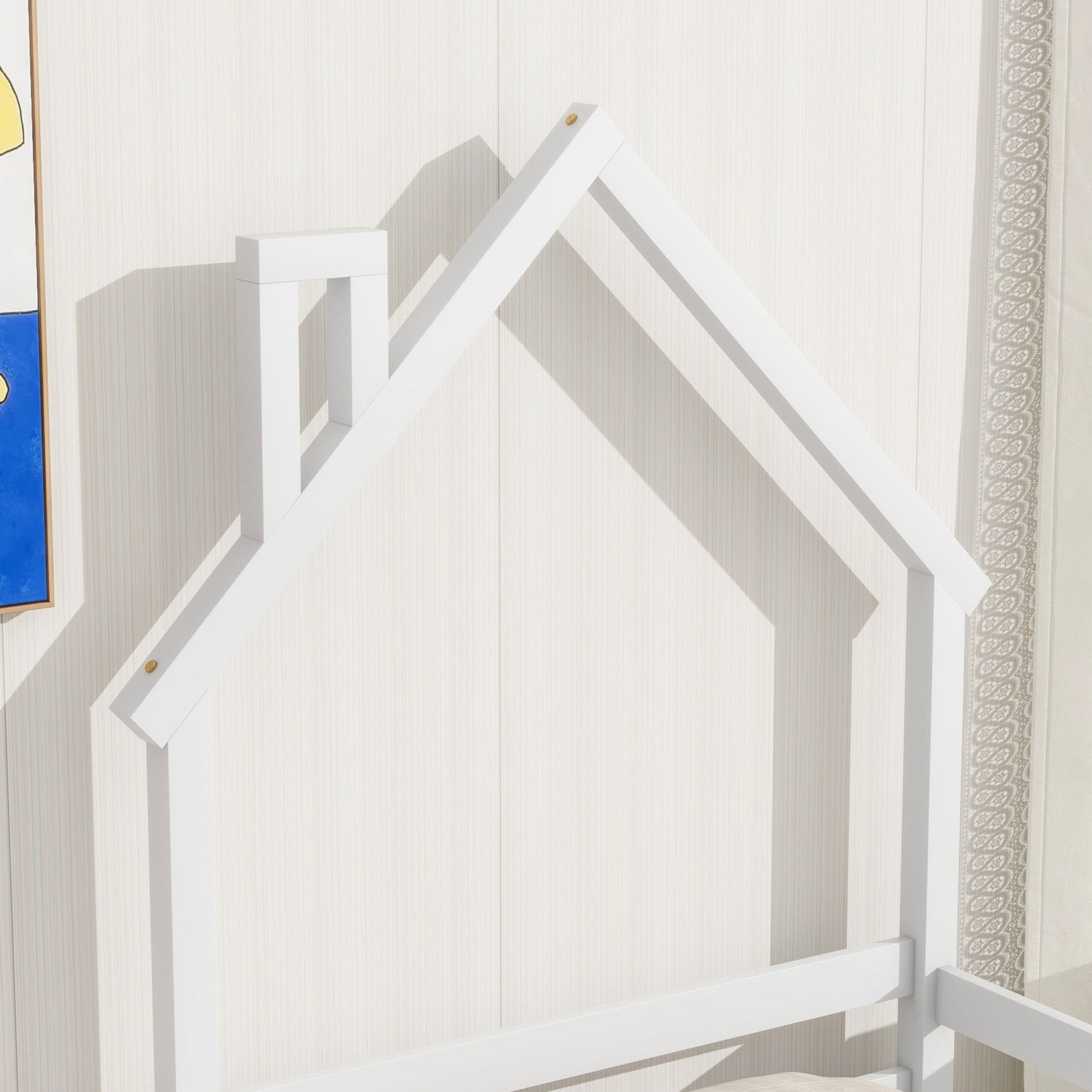Twin House-Shaped Headboard Floor Bed With Handrails, Slats