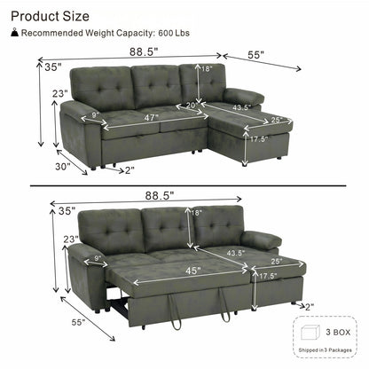 Convertible L - Sectional Sofa Bed With Storage Chaise And Padded Armrests