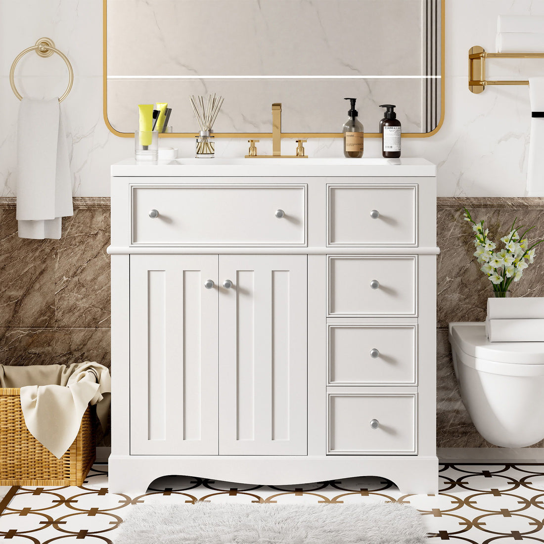 Bathroom Vanity With Resin Sink Combo, Frame Bathroom Storage Cabinet, Freestanding Vanity Set With 3 Drawers &amp; Adjustable Shelf - White