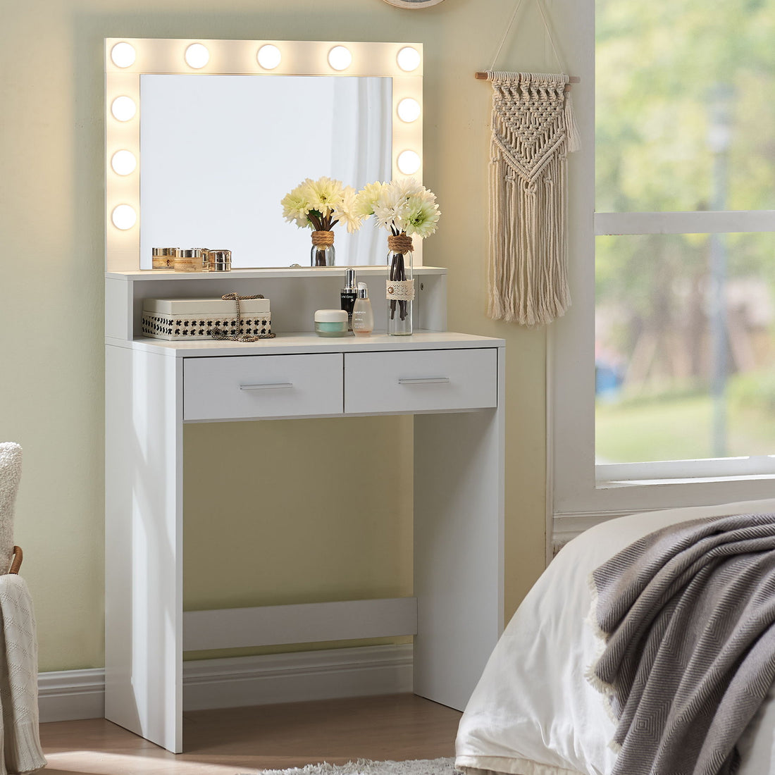 Vanity Desk With Mirror And Lights, Dressing Table With Large Drawer, 2 Level Storage Dresser &amp; 3 Lighting Modes Adjustable Brightness, Suitable For Bedroom