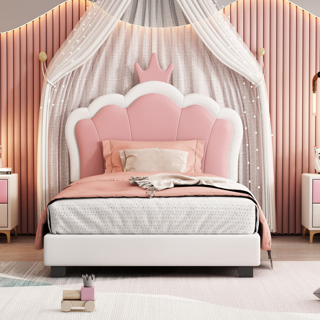 Twin Size Upholstered Princess Bed &amp; Crown Headboard, Platform Bed With Headboard And Footboard - White / Pink
