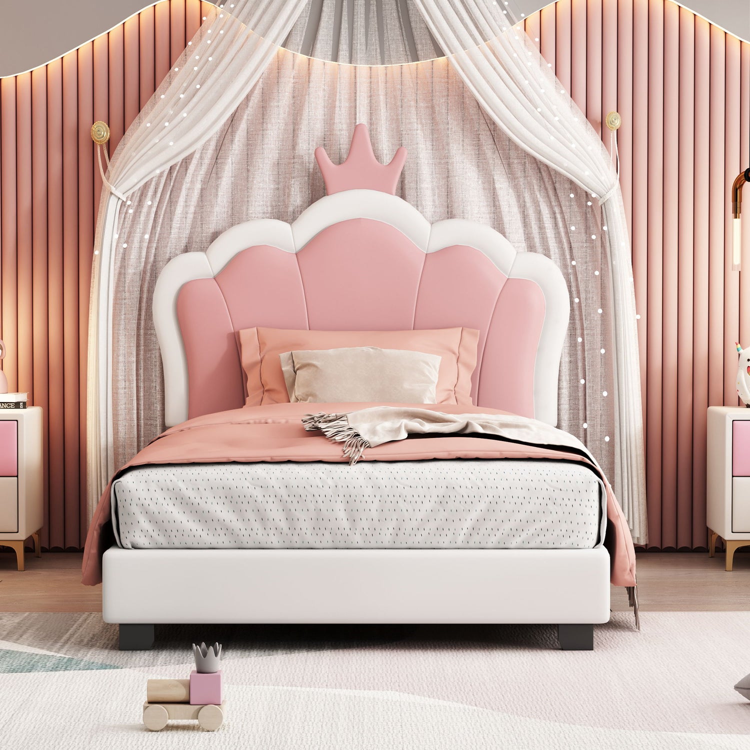 Twin Size Upholstered Princess Bed &amp; Crown Headboard, Platform Bed With Headboard And Footboard - White / Pink