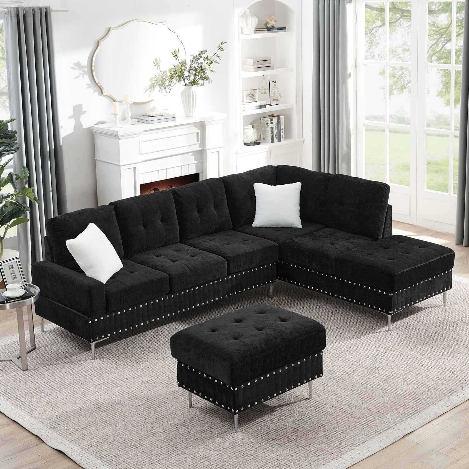 L-Shaped Sectional Sofa With Chaise And Storage Ottoman, Includes 2 Pillows