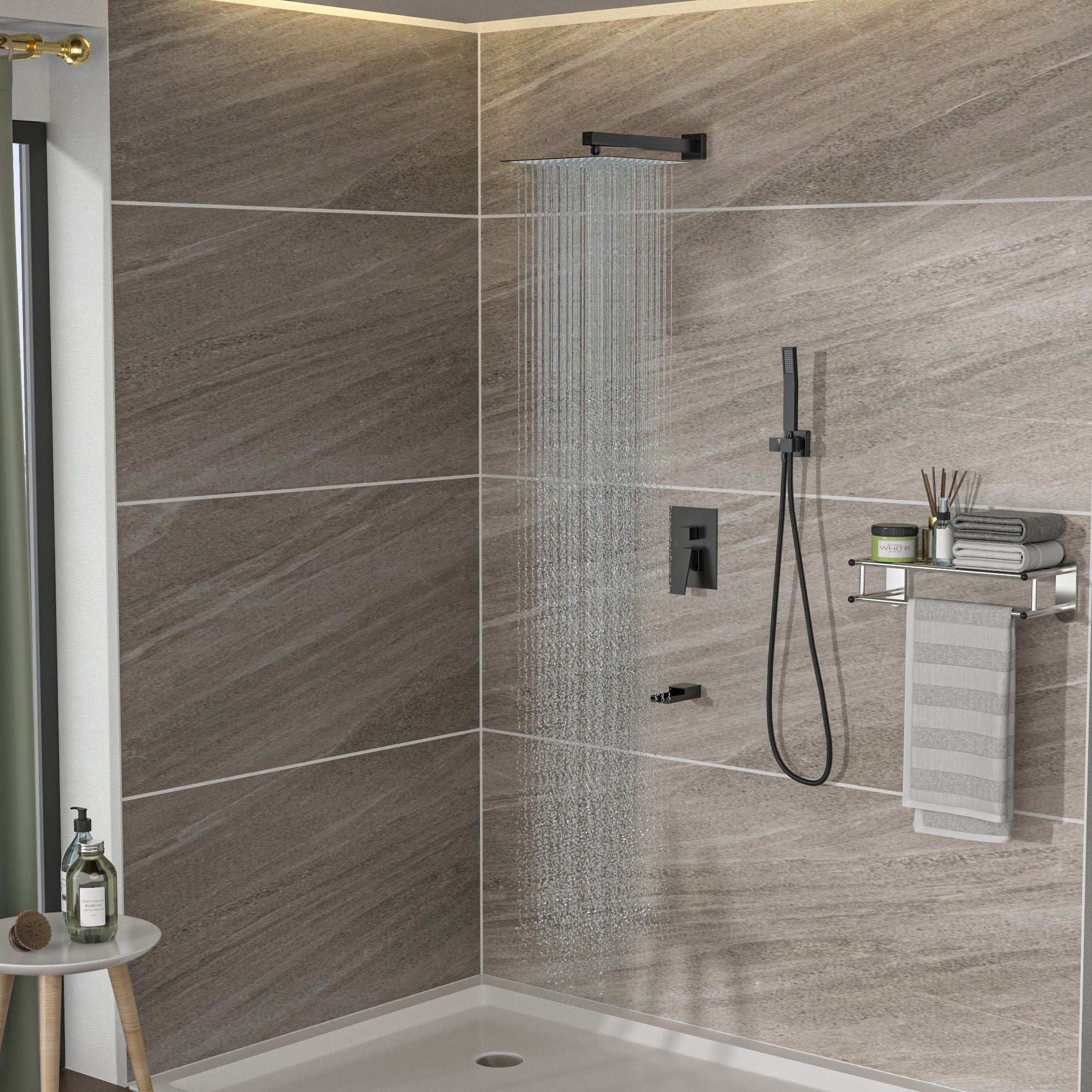 Wall Mounted Square Shower System With Waterfall Tub Spout, 12&quot; Rainfall Shower Head And Handheld Shower - Matte Black