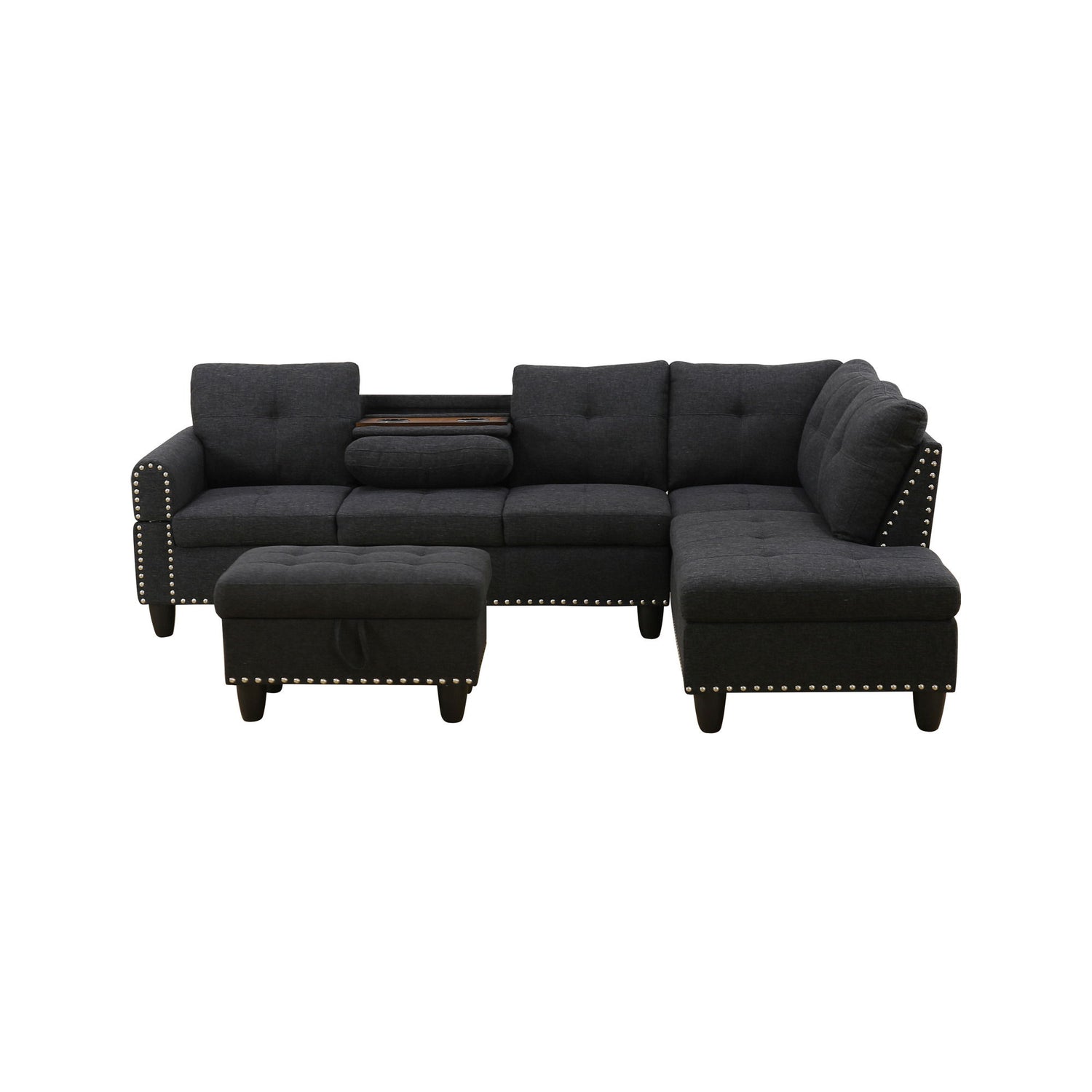 L - Shaped 3 Piece Sectional Sofa With Chaise, Storage Ottoman &amp; Cup Holders