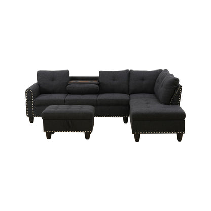 L - Shaped 3 Piece Sectional Sofa With Chaise, Storage Ottoman &amp; Cup Holders