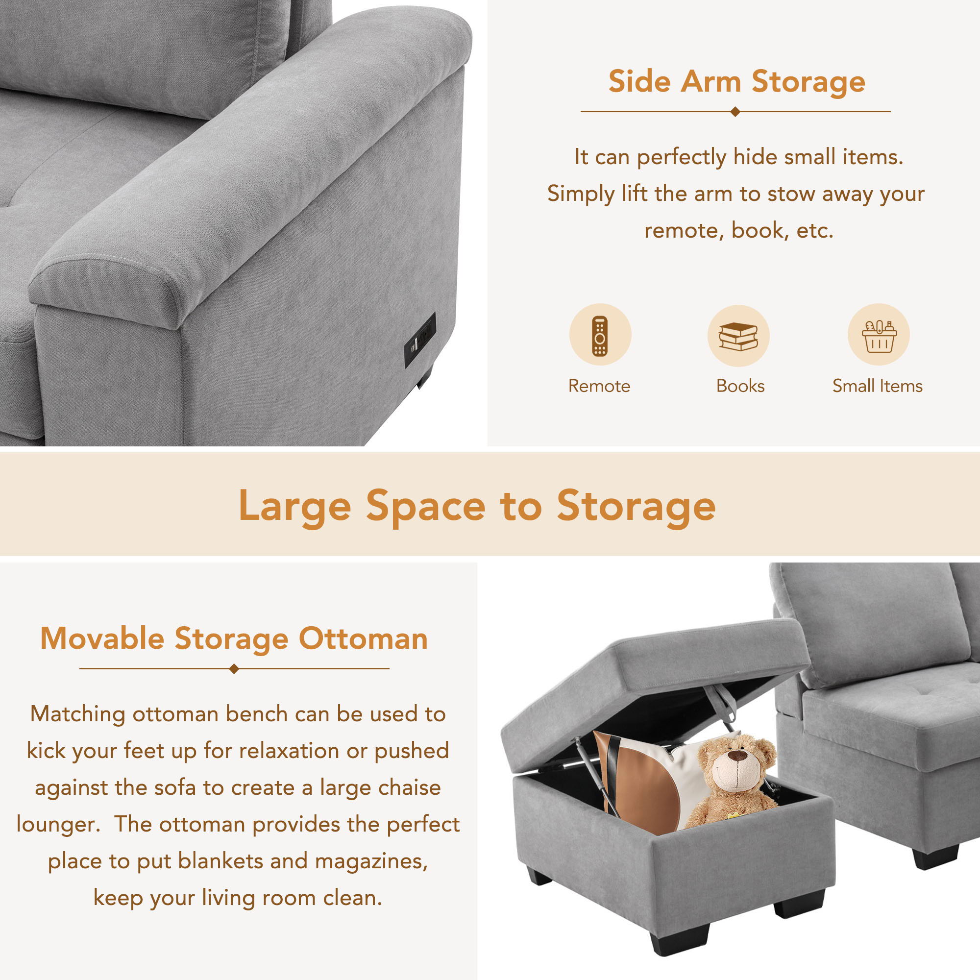 Sleeper Sectional Sofa, L-Shape Corner Couch Sofa Bed With Storage Ottoman &amp; Hidden Arm Storage &amp; USB Charge For Living Room Apartment