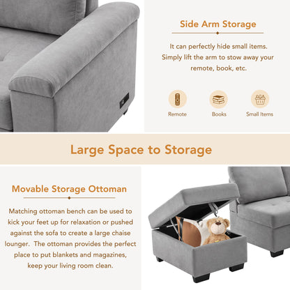 Sleeper Sectional Sofa, L-Shape Corner Couch Sofa Bed With Storage Ottoman &amp; Hidden Arm Storage &amp; USB Charge For Living Room Apartment
