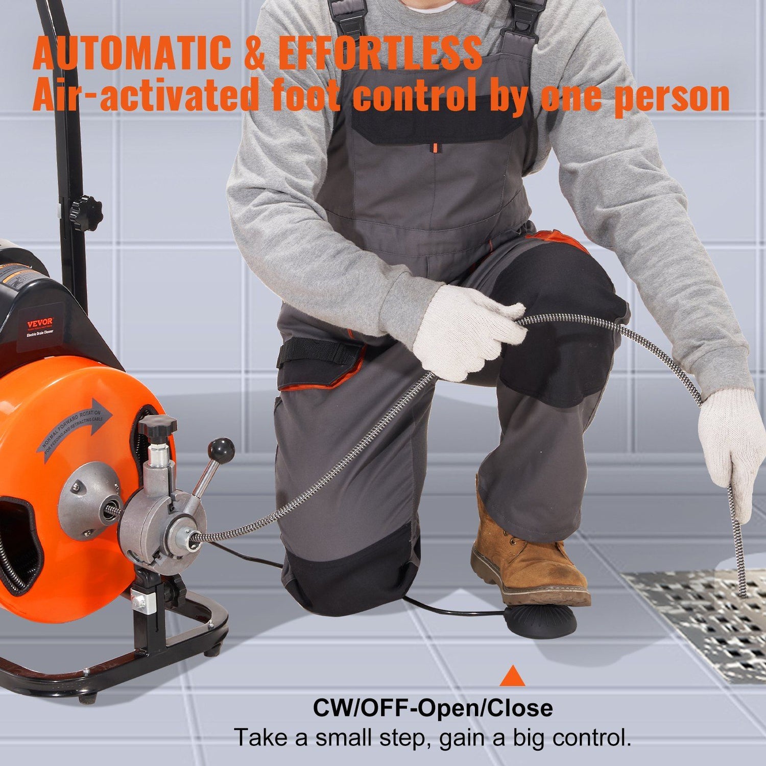 Drain Cleaning Machine 100Ft X 3/8&quot; Auto Feed Sewer Snake - Orange