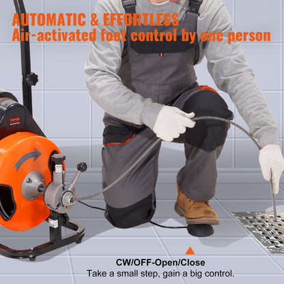 Drain Cleaning Machine 100Ft X 3/8&quot; Auto Feed Sewer Snake - Orange