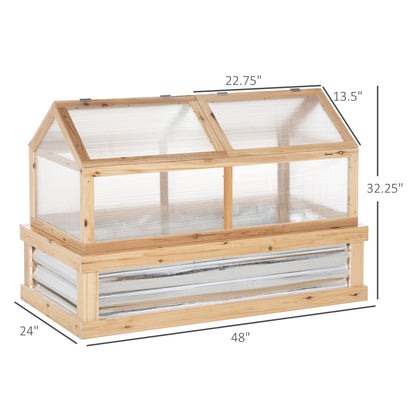 Outsunny - Raised Garden Bed With Polycarbonate Greenhouse, Wooden Garden Cold Frame Greenhouse, Flower Planter Protection, 48&quot; x 24&quot; x 32&quot; - Natural