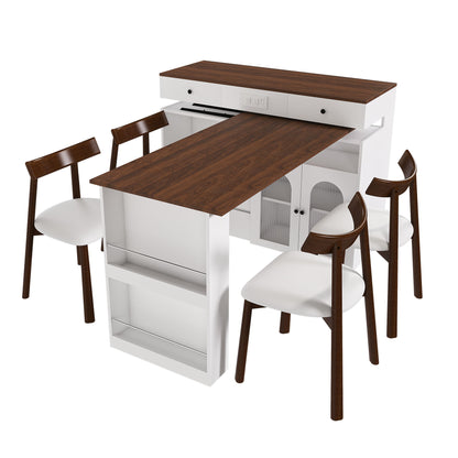 Retro Kitchen Island Set With Chairs, Extendable &amp; Rotating Table, 4 Drawers &amp; Door Cabinets