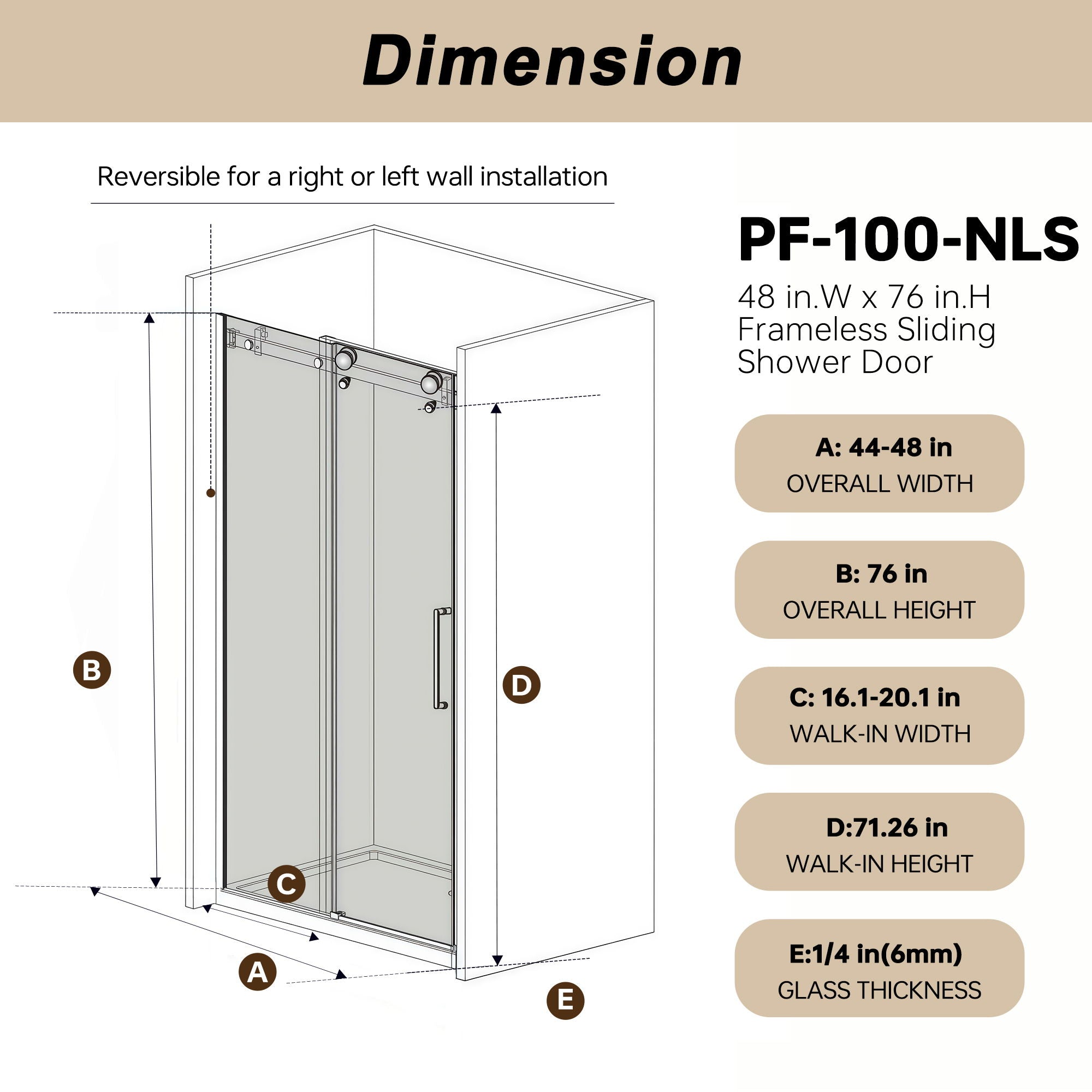 Frameless Single Sliding Shower Door &amp; Handle And Square Tube Track