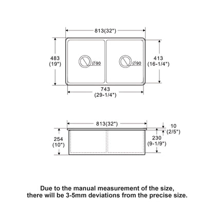 32&quot; Undermount Double Bowl Kitchen Sink Rectangular Deep Dual Bas With Grids - White