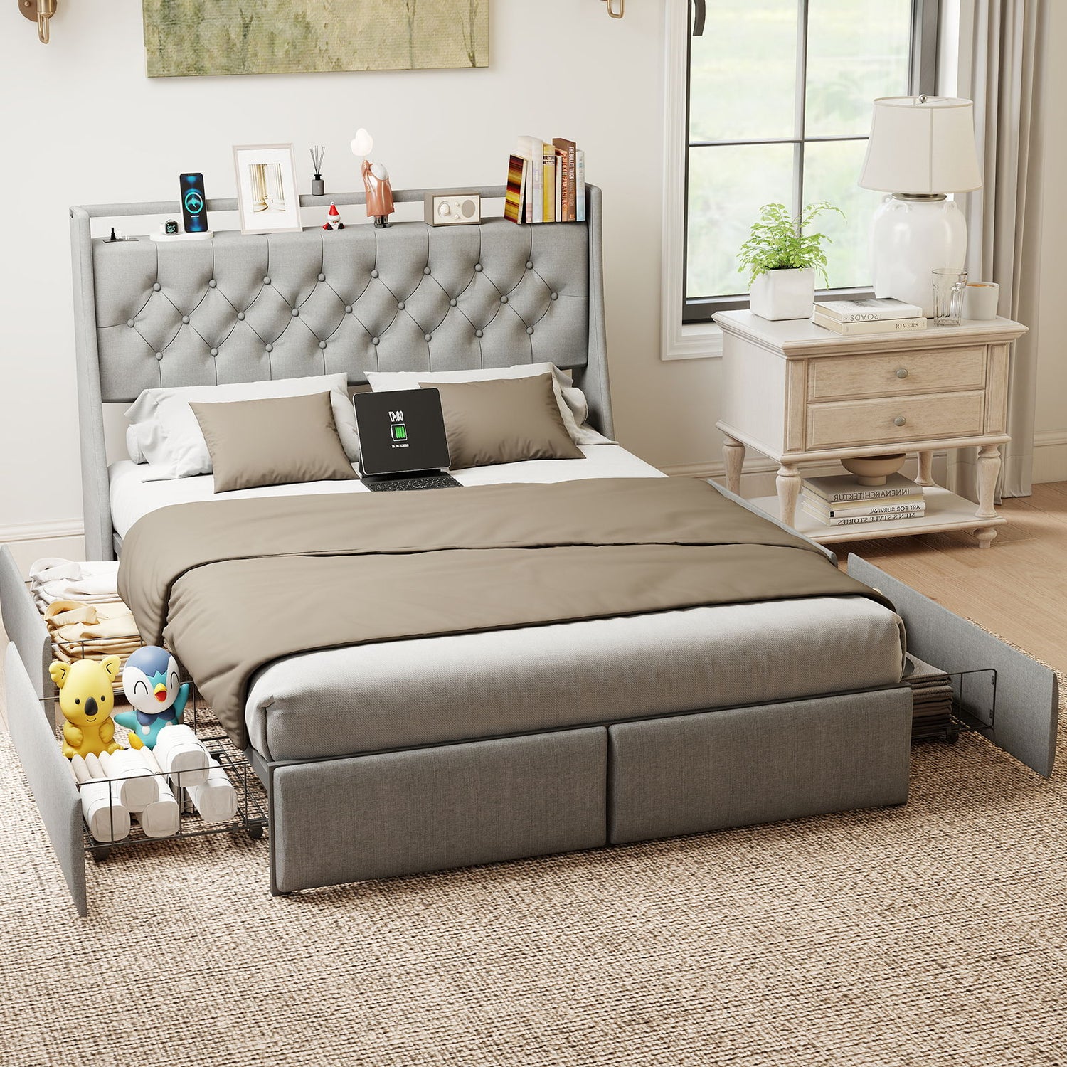 Platform Bed Frame With RGB LED Lights, Charging Station, Storage Headboard &amp; 4 Underbed Drawers