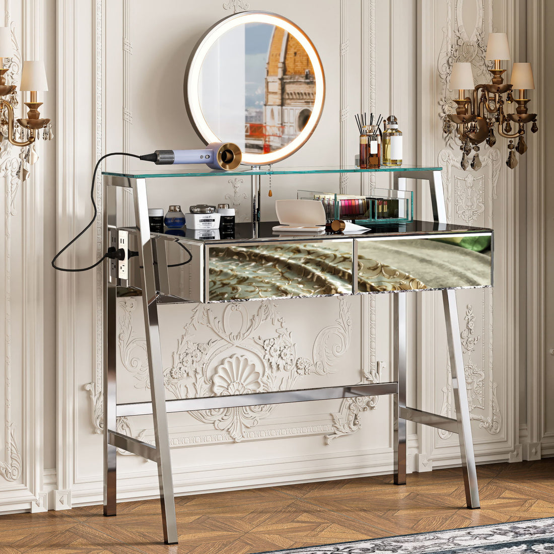 33.9&quot; Mirrored Makeup Vanity Desk With Mirror And Lights, Mirrored Console Vanity Table With 2 Big Drawers &amp; Open Shelf, Dressing Table With Charging Station For Bedroom - Silver