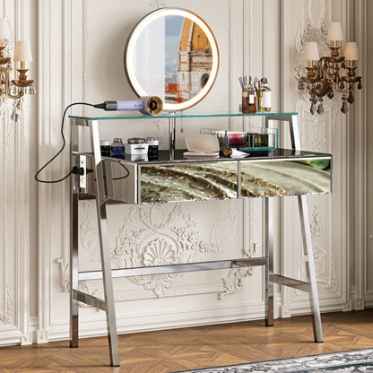 33.9&quot; Mirrored Makeup Vanity Desk With Mirror And Lights, Mirrored Console Vanity Table With 2 Big Drawers &amp; Open Shelf, Dressing Table With Charging Station For Bedroom - Silver
