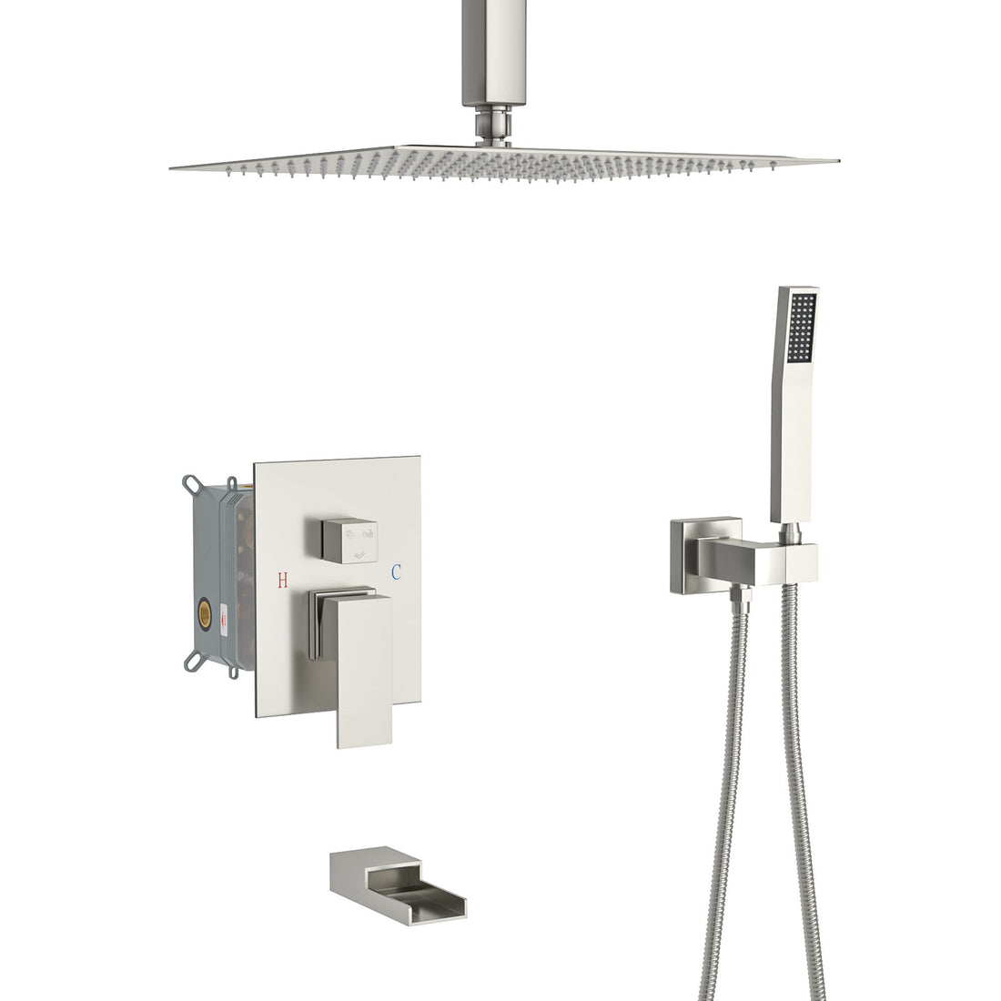 16&quot; Ceiling Mount Square Shower System With Waterfall Tub Spout And Rough In Valve
