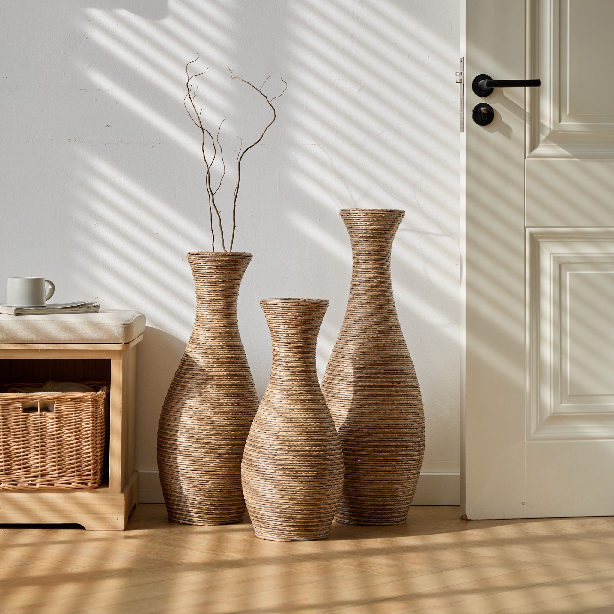 3 Piece Artificial Rattan Floor Vase Set Decorative Accent For Living Room, Hallway &amp; Entryway, Ideal For Dried Or Silk Flower Arrangements - Beige