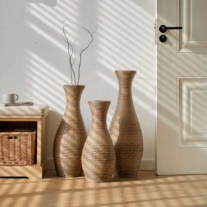 3 Piece Artificial Rattan Floor Vase Set Decorative Accent For Living Room, Hallway &amp; Entryway, Ideal For Dried Or Silk Flower Arrangements - Beige
