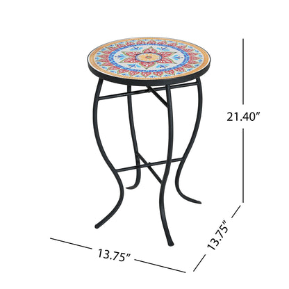 Outdoor Round Side Table With Mosaic Style Top And Curved Iron Legs