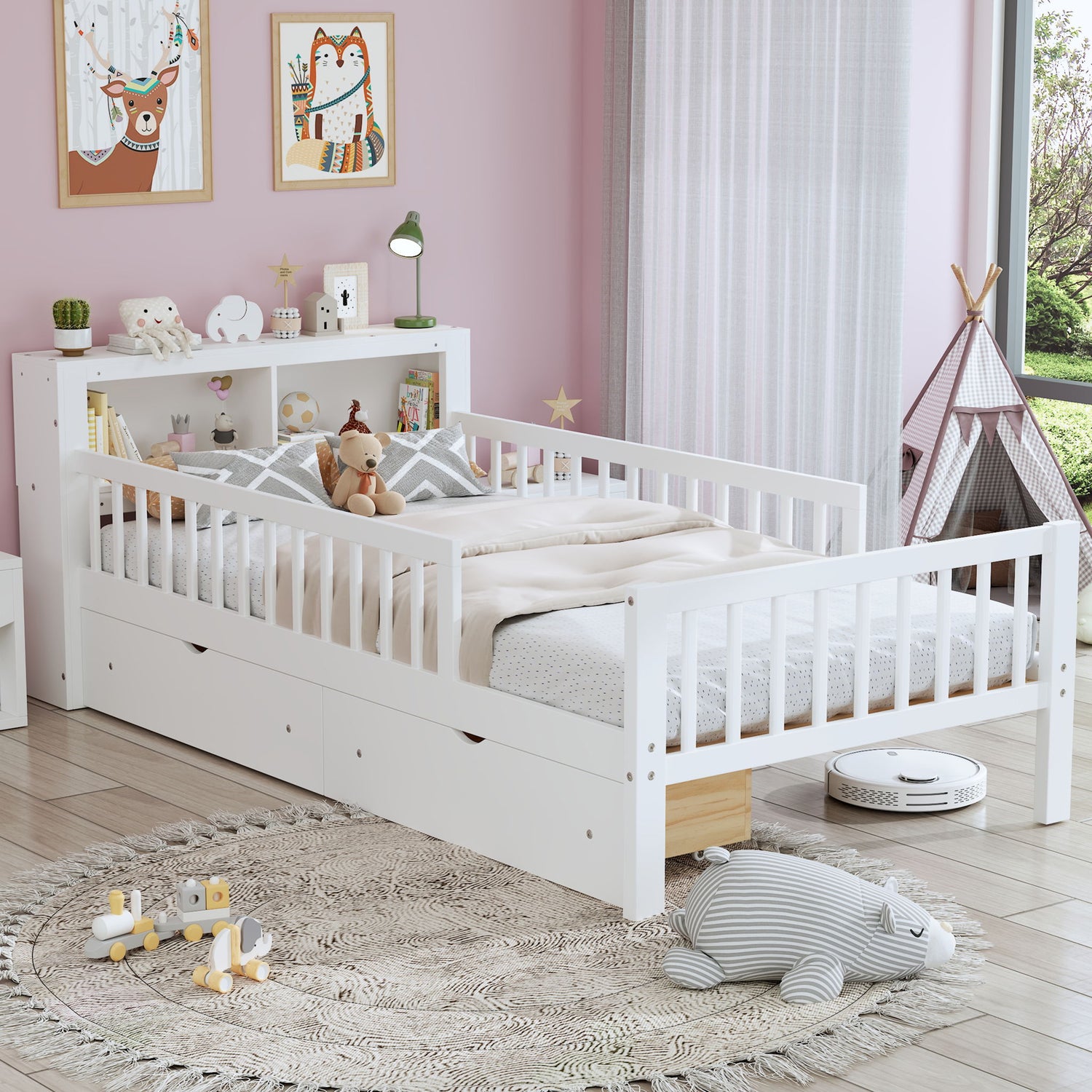 Bed With Headboard Storage Rack, 2 Under Bed Drawers, 3 Side Guardrails For Safety