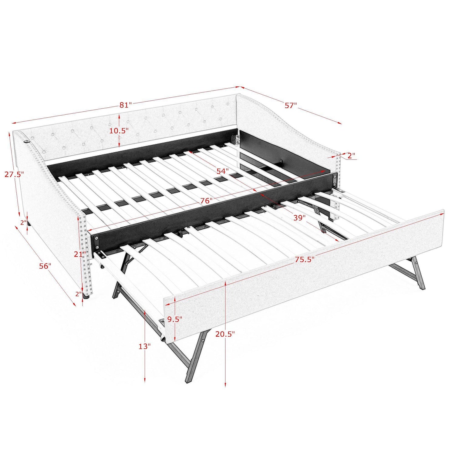 Upholstered Daybed With USB Charging &amp; Pull Out Bed