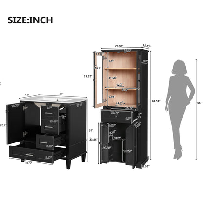 Bathroom Vanity &amp; Tall Storage Cabinet Set With Doors, Adjustable Shelves, Soft Close Hinges, Sink