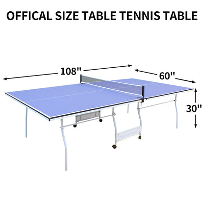 9ft Mid-Size Table Tennis Table Foldable &amp; Portable Ping Pong Table Set for Indoor Games with Net, 2 Table Tennis Paddles and 3 Balls