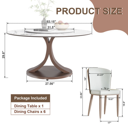 Round Dining Table With 360° Rotating Lazy Susan For Dining Room &amp; Kitchen, 6 Chairs - White
