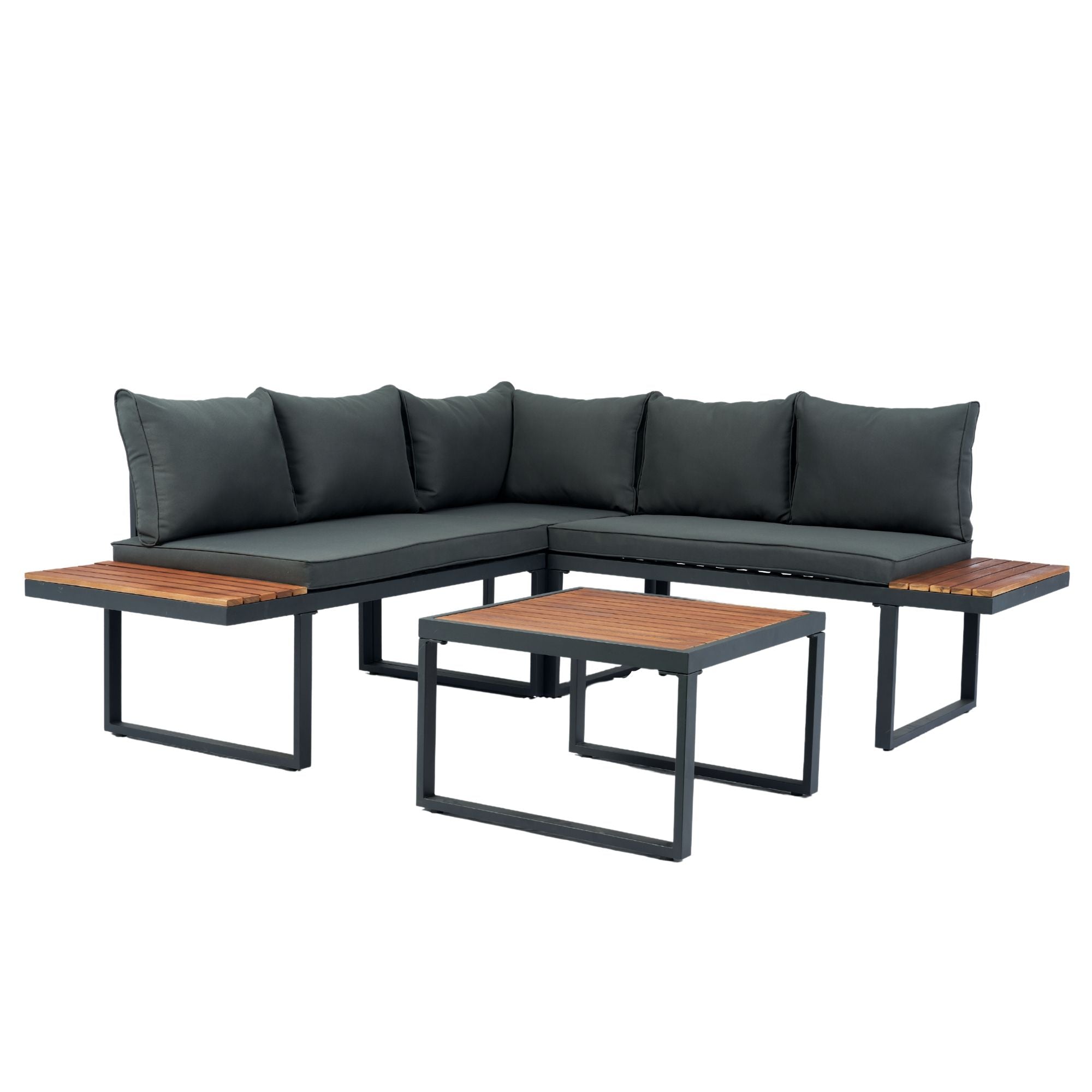4 Piece L-Shaped Patio Wicker Outdoor 5 Seater Sectional Sofa Seating Group Conversation Sets With Side Table &amp; Cushions - Dark Gray