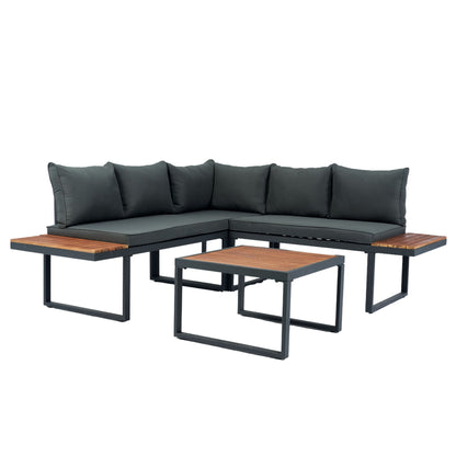 4 Piece L-Shaped Patio Wicker Outdoor 5 Seater Sectional Sofa Seating Group Conversation Sets With Side Table &amp; Cushions - Dark Gray
