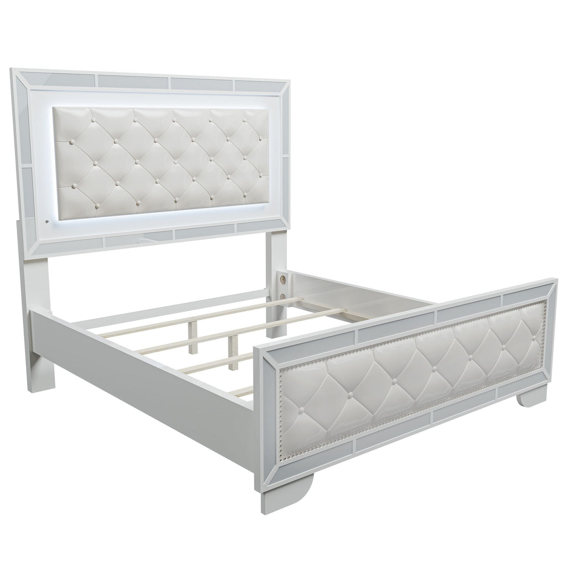 Eastern King Size Bed With LED Lights And Mirror Trim - Cream / Ivory
