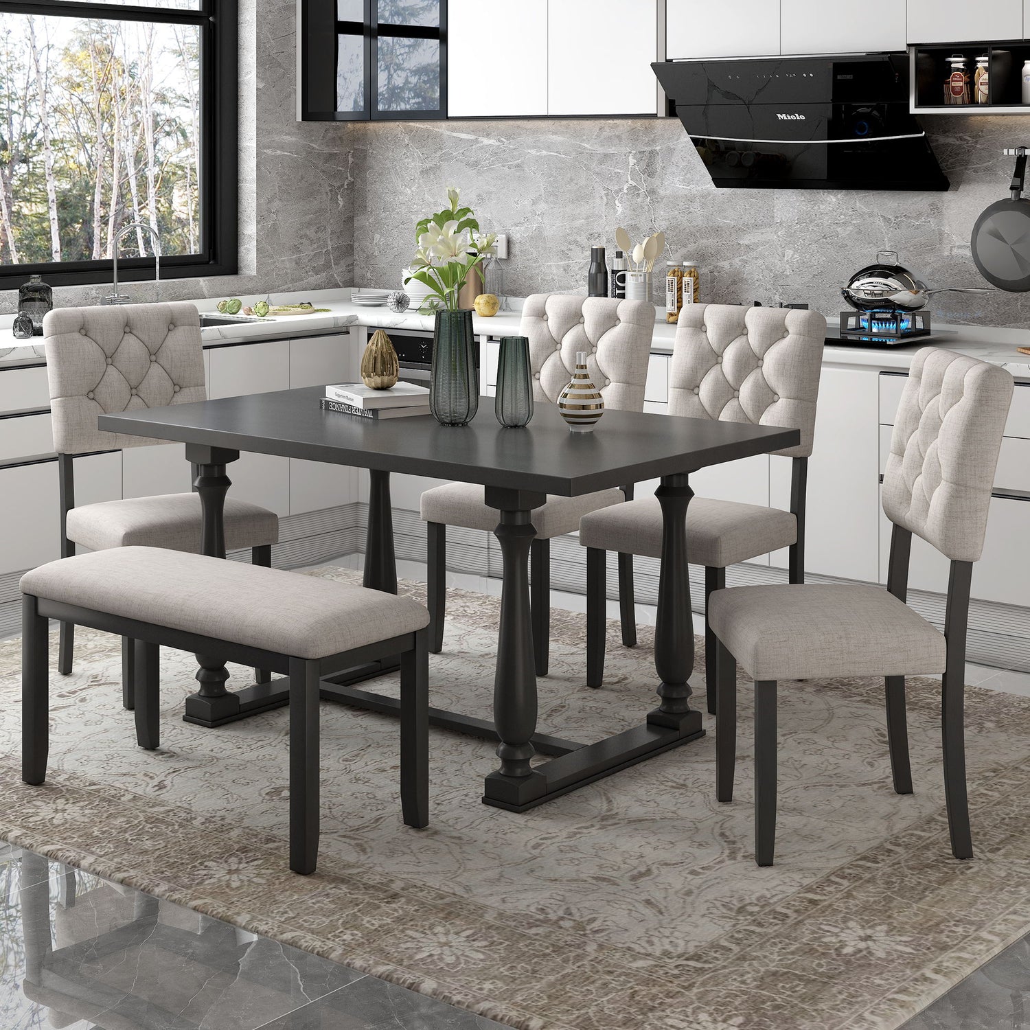 6 Piece Dining Table And Chair Set With Special-Shaped Legs And Foam-Covered Seat Backs&amp;Cushions For Dining Room