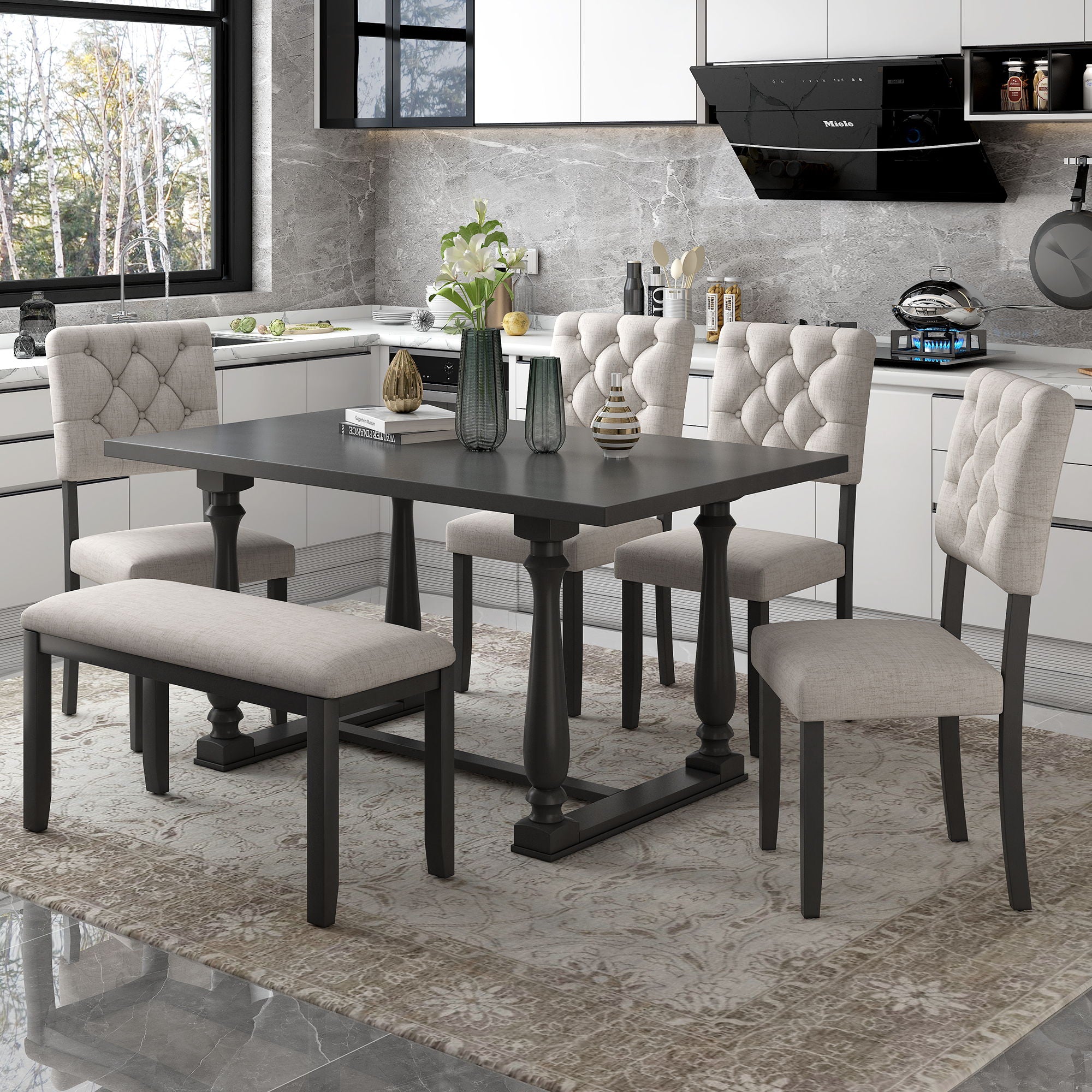 6 Piece Dining Table And Chair Set With Special-Shaped Legs And Foam-Covered Seat Backs&amp;Cushions For Dining Room