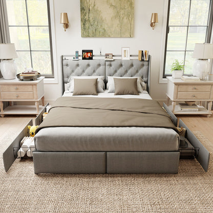Platform Bed Frame With RGB LED Lights, Charging Station, Storage Headboard &amp; 4 Underbed Drawers