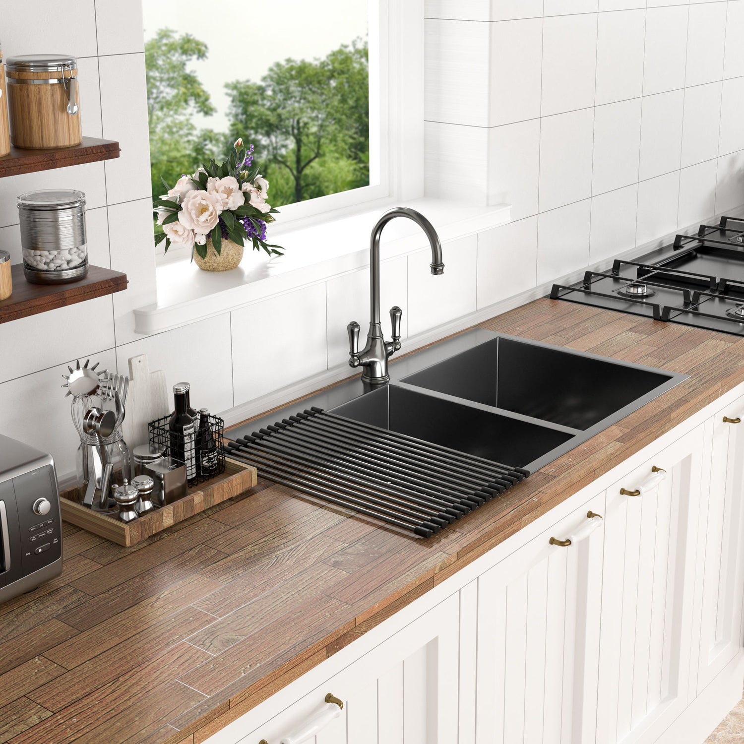 Double Bowl Drop In Kitchen Sink, 16 Gauge Stainless Steel With 2 9&quot; Deep Basins - Gunmetal Black