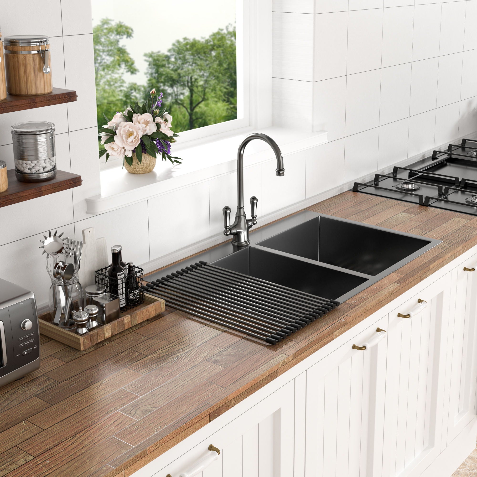 Double Bowl Drop In Kitchen Sink, 16 Gauge Stainless Steel With 2 9&quot; Deep Basins - Gunmetal Black