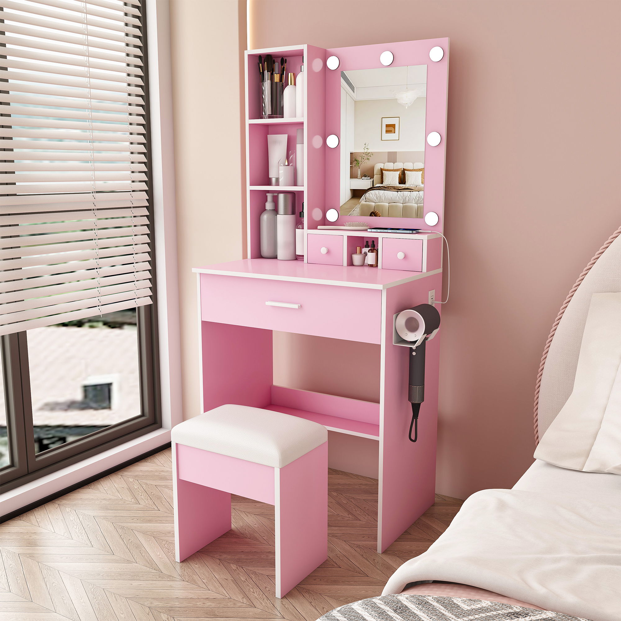 Vanity Table With Mirror, Adjustable LED Lights, Power Outlet, Hairdryer Holder &amp; Stool
