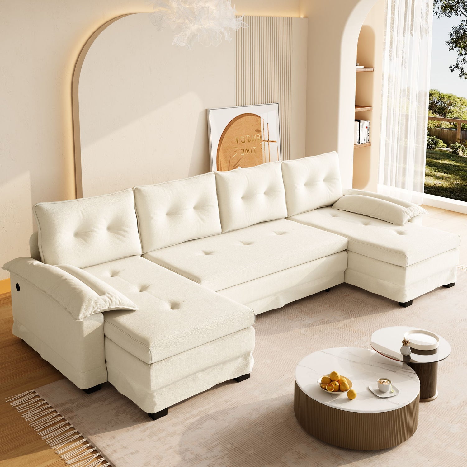 U-Shaped Sleeper Sofa With Pull Out Bed, Removable Armrests &amp; USB Ports For Living Room
