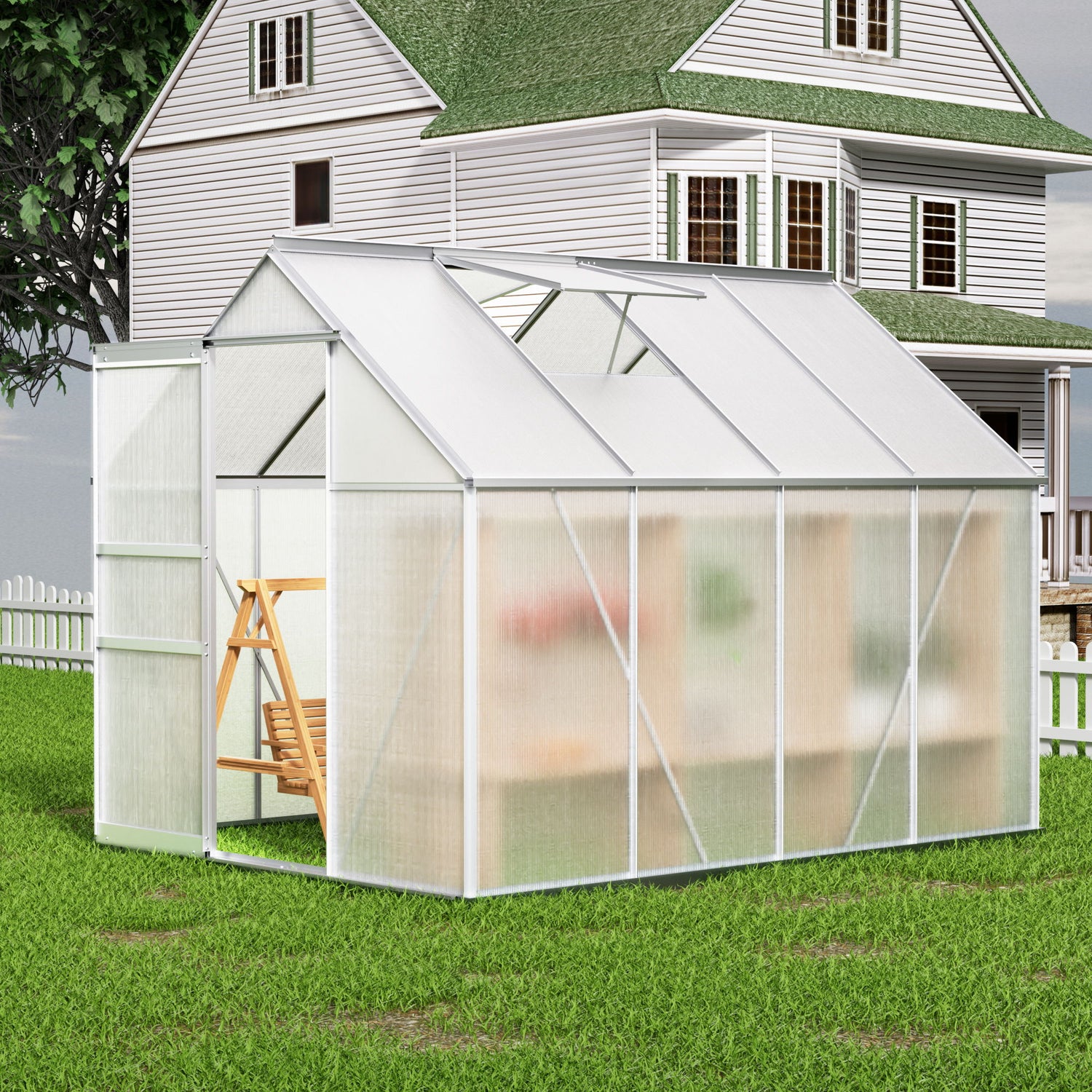 Walk-In Polycarbonate Greenhouse &amp; Roof Vent, Sliding Doors, Aluminum Hobby Hot House For Outdoor