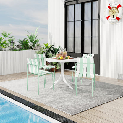 4 Piece Set Of Color Block Designed Single Chairs &amp; Round Table - Cream White / Haze Green / White