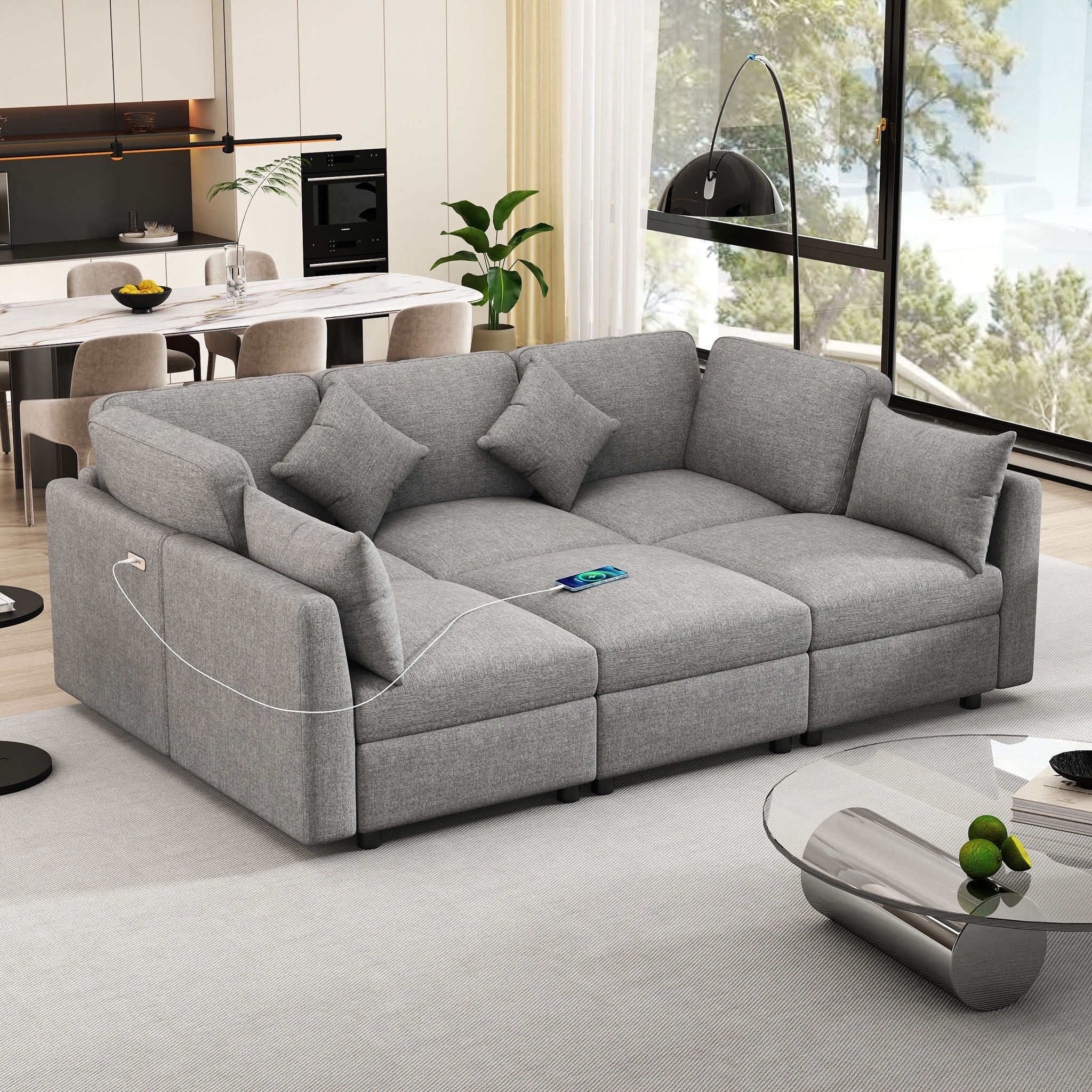 Sectional Sofa Modular U-Shaped With Ottoman &amp; USB Ports
