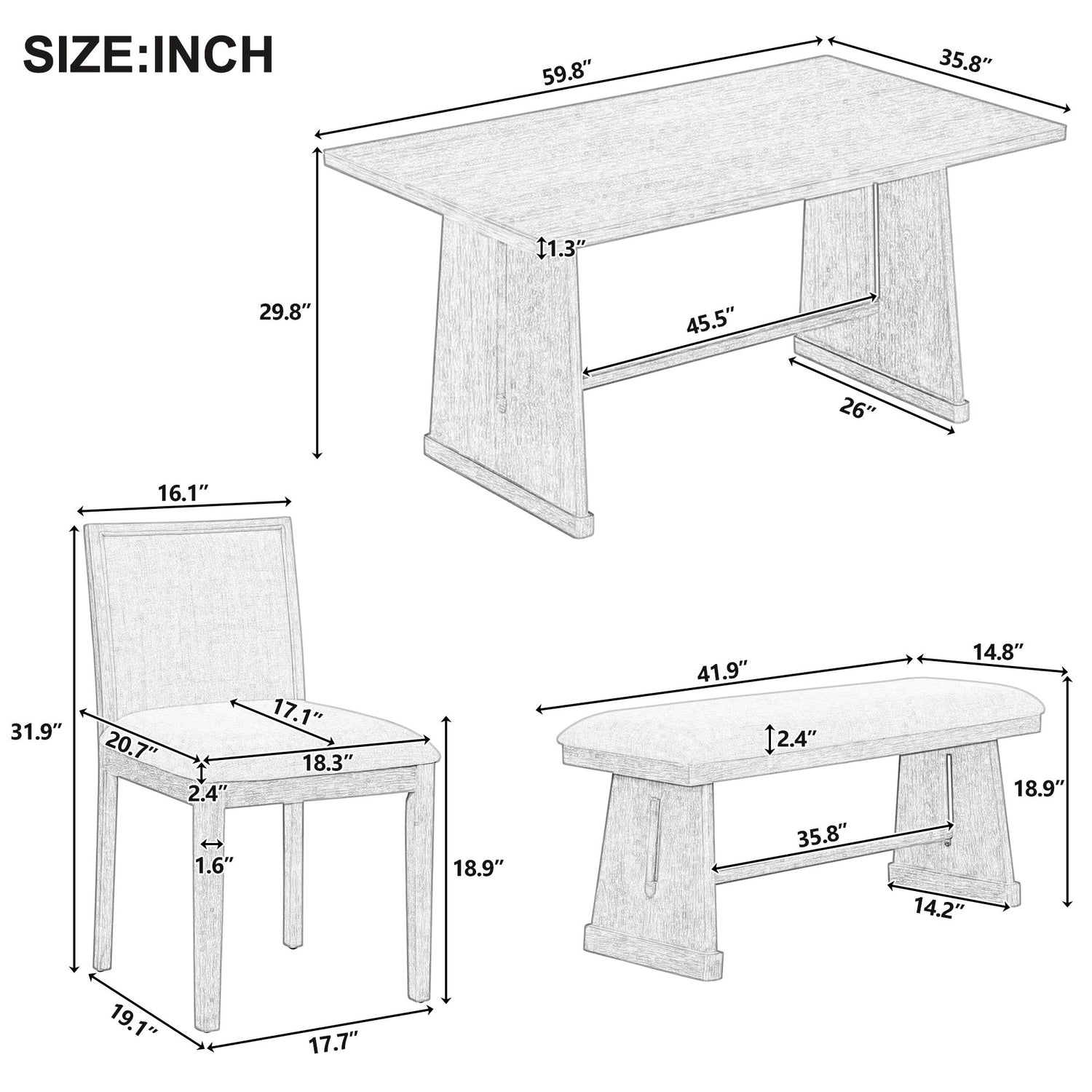 Dining Set With Rectangular Table, 4 Upholstered Chairs &amp; 1 Padded Bench