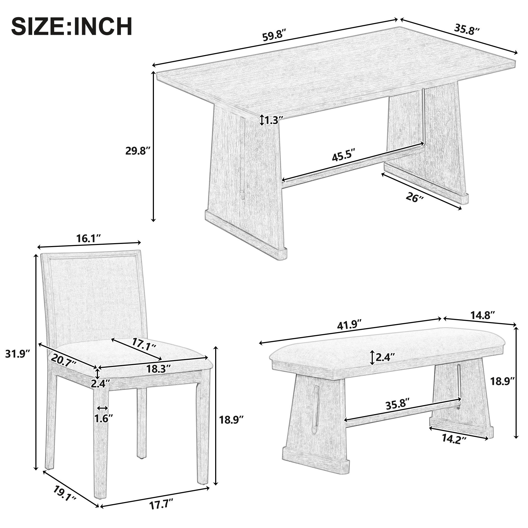 Dining Set With Rectangular Table, 4 Upholstered Chairs &amp; 1 Padded Bench
