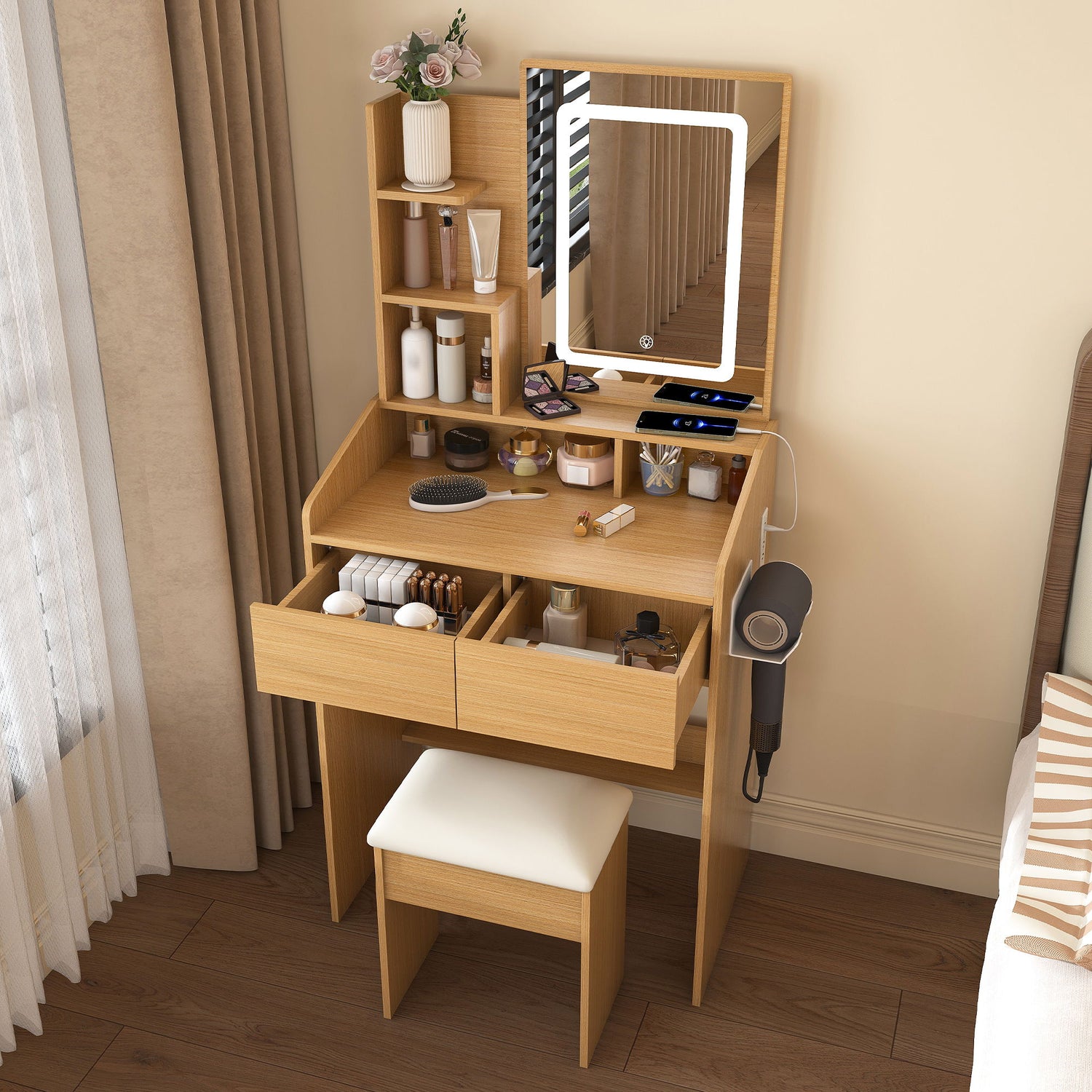 Vanity Table With LED Mirror, Power Outlet, Hairdryer Holder &amp; Padded Stool, Compact Dressing Desk For Small Bedrooms - Wood