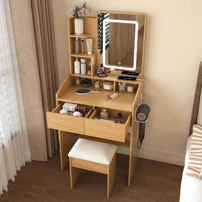 Vanity Table With LED Mirror, Power Outlet, Hairdryer Holder &amp; Padded Stool, Compact Dressing Desk For Small Bedrooms - Wood