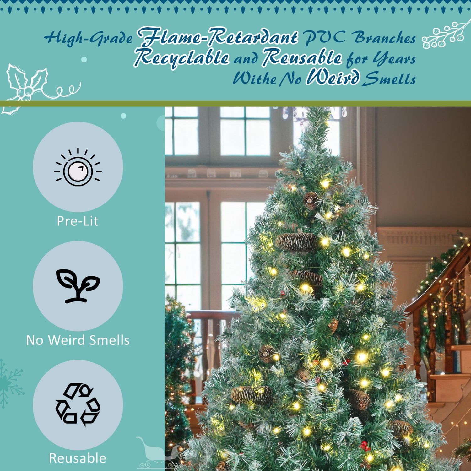 6FT Dark Green Pine Christmas Tree, Pre-Lit Set with Tree &amp; Garland &amp; Wreath, Hinged Artificial Xmas Tree with White Tips, Red Berries and Pine Cones, 11 Colorful Modes, Indoor Holiday Decoration
